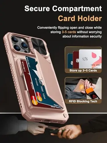 Vihibii iPhone 13 Pro Max/iPhone 12 Pro Max uchun kartalar ushlagichi (4 ta karta), [RFID blokirovkasi] va surma linzali kamera qopqog'i, harbiy darajadagi tushishdan himoya, og'ir yuk ko'taruvchi hamyonli telefon qutisi, atirgul oltin - 3