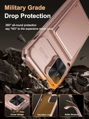 Vihibii iPhone 13 Pro Max/iPhone 12 Pro Max uchun kartalar ushlagichi (4 ta karta), [RFID blokirovkasi] va surma linzali kamera qopqog'i, harbiy darajadagi tushishdan himoya, og'ir yuk ko'taruvchi hamyonli telefon qutisi, atirgul oltin - 5