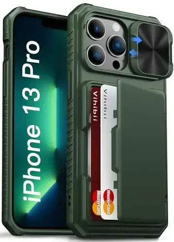 Vihibii iPhone 13 Pro uchun karta hamyonli g'ilof (4 ta karta), [RFID blokirovka] va siljituvchi kamera qopqog'i va ko'tarilgan qirralar ekranni himoya qiladi, zarbaga chidamli g'ilof iPhone 13 Pro, 6.1