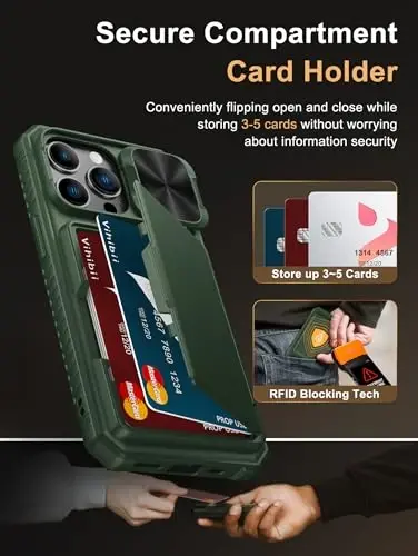 Vihibii iPhone 13 Pro uchun karta hamyonli g'ilof (4 ta karta), [RFID blokirovka] va siljituvchi kamera qopqog'i va ko'tarilgan qirralar ekranni himoya qiladi, zarbaga chidamli g'ilof iPhone 13 Pro, 6.1