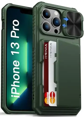 Vihibii iPhone 13 Pro uchun karta hamyonli g'ilof (4 ta karta), [RFID blokirovka] va siljituvchi kamera qopqog'i va ko'tarilgan qirralar ekranni himoya qiladi, zarbaga chidamli g'ilof iPhone 13 Pro, 6.1