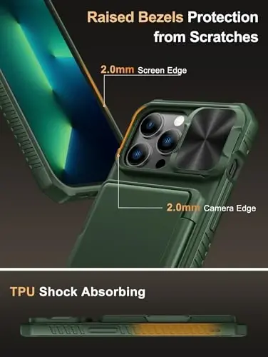 Vihibii iPhone 13 Pro uchun karta hamyonli g'ilof (4 ta karta), [RFID blokirovka] va siljituvchi kamera qopqog'i va ko'tarilgan qirralar ekranni himoya qiladi, zarbaga chidamli g'ilof iPhone 13 Pro, 6.1