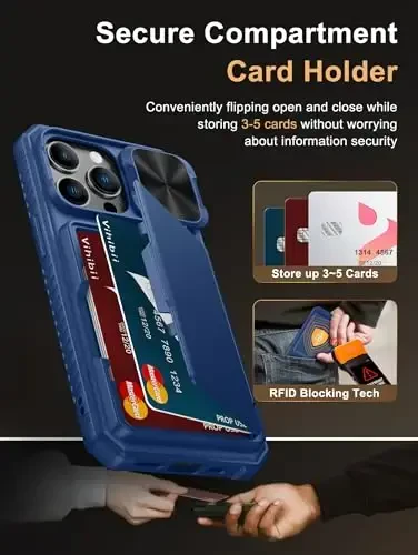 Vihibii iPhone 13 Pro uchun karta ushlagichi (4 karta) bilan g'ilof, [RFID blokirovkasi] va sirg'anuvchi kamera qopqog'i, harbiy darajadagi tushishdan himoya, iPhone 13 Pro uchun kuchli zarbga chidamli hamyon qopqog'i, 6.1