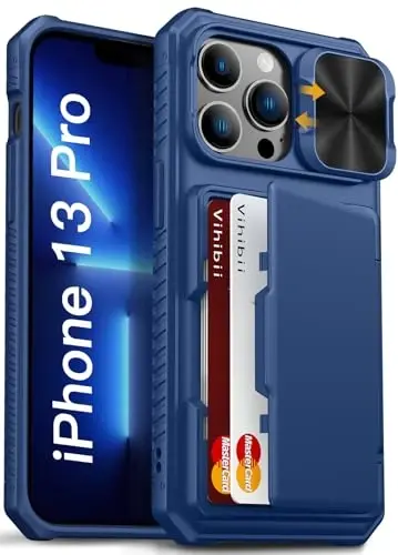 Vihibii iPhone 13 Pro uchun karta ushlagichi (4 karta) bilan g'ilof, [RFID blokirovkasi] va sirg'anuvchi kamera qopqog'i, harbiy darajadagi tushishdan himoya, iPhone 13 Pro uchun kuchli zarbga chidamli hamyon qopqog'i, 6.1