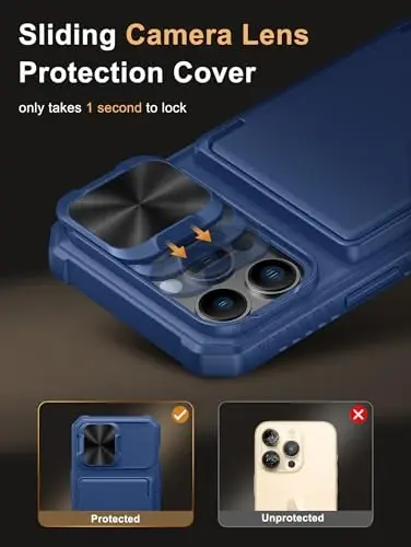 Vihibii iPhone 13 Pro uchun karta ushlagichi (4 karta) bilan g'ilof, [RFID blokirovkasi] va sirg'anuvchi kamera qopqog'i, harbiy darajadagi tushishdan himoya, iPhone 13 Pro uchun kuchli zarbga chidamli hamyon qopqog'i, 6.1