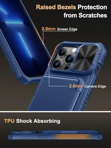 Vihibii iPhone 13 Pro uchun karta ushlagichi (4 karta) bilan g'ilof, [RFID blokirovkasi] va sirg'anuvchi kamera qopqog'i, harbiy darajadagi tushishdan himoya, iPhone 13 Pro uchun kuchli zarbga chidamli hamyon qopqog'i, 6.1