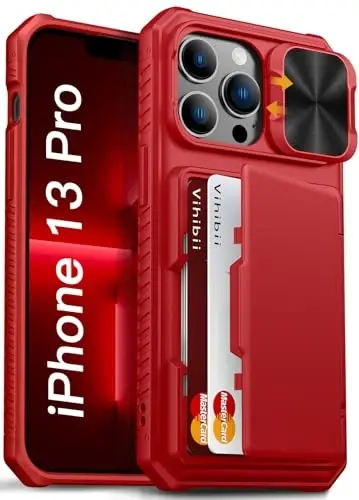 Vihibii iPhone 13 Pro uchun karta ushlagichi bilan g'ilof (4 ta karta), [RFID blokirovka] va slaydli kamera qopqog'i, harbiy darajadagi tushishdan himoya, iPhone 13 Pro uchun og'ir yuk ko'taruvchi zarbga chidamli hamyon g'ilofi, 6.1