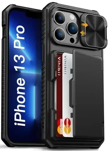 Vihibii iPhone 13 Pro uchun kartochka ushlagichi (4 ta kartochka) bilan [RFID blokirovkasi] va sirg'anuvchi kamera qopqog'i, harbiy darajadagi tushishdan himoya, mustahkam qattiq orqa va silikon qirrali hamyon telefon qopqog'i 5G 6.1
