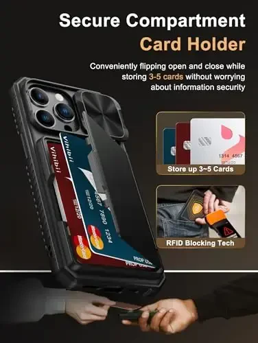 Vihibii iPhone 13 Pro uchun kartochka ushlagichi (4 ta kartochka) bilan [RFID blokirovkasi] va sirg'anuvchi kamera qopqog'i, harbiy darajadagi tushishdan himoya, mustahkam qattiq orqa va silikon qirrali hamyon telefon qopqog'i 5G 6.1