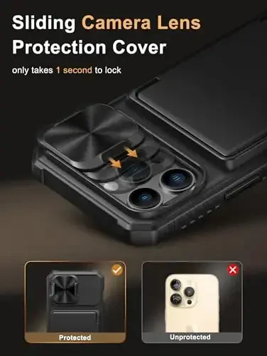 Vihibii iPhone 13 Pro uchun kartochka ushlagichi (4 ta kartochka) bilan [RFID blokirovkasi] va sirg'anuvchi kamera qopqog'i, harbiy darajadagi tushishdan himoya, mustahkam qattiq orqa va silikon qirrali hamyon telefon qopqog'i 5G 6.1