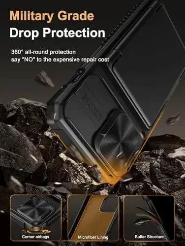 Vihibii iPhone 13 Pro uchun kartochka ushlagichi (4 ta kartochka) bilan [RFID blokirovkasi] va sirg'anuvchi kamera qopqog'i, harbiy darajadagi tushishdan himoya, mustahkam qattiq orqa va silikon qirrali hamyon telefon qopqog'i 5G 6.1