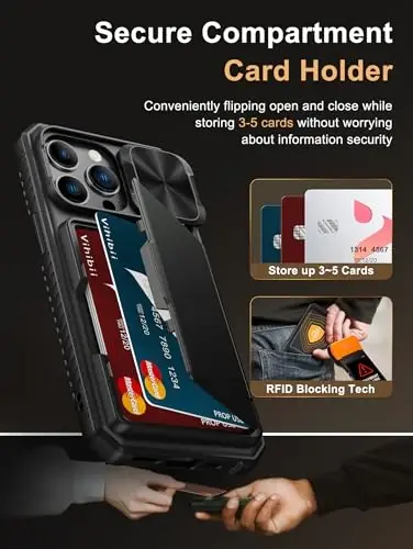 Vihibii iPhone 13 Pro uchun kartochka ushlagichi (4 ta kartochka) bilan [RFID blokirovkasi] va sirg'anuvchi kamera qopqog'i, harbiy darajadagi tushishdan himoya, mustahkam qattiq orqa va silikon qirrali hamyon telefon qopqog'i 5G 6.1