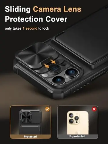 Vihibii iPhone 13 Pro uchun kartochka ushlagichi (4 ta kartochka) bilan [RFID blokirovkasi] va sirg'anuvchi kamera qopqog'i, harbiy darajadagi tushishdan himoya, mustahkam qattiq orqa va silikon qirrali hamyon telefon qopqog'i 5G 6.1