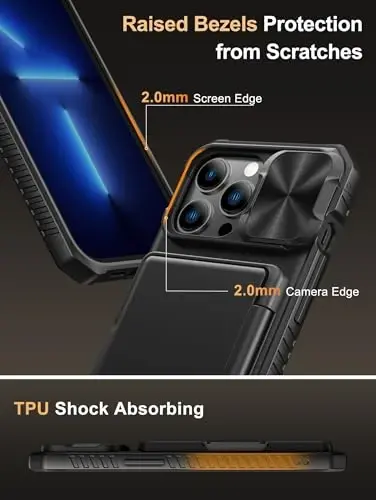 Vihibii iPhone 13 Pro uchun kartochka ushlagichi (4 ta kartochka) bilan [RFID blokirovkasi] va sirg'anuvchi kamera qopqog'i, harbiy darajadagi tushishdan himoya, mustahkam qattiq orqa va silikon qirrali hamyon telefon qopqog'i 5G 6.1