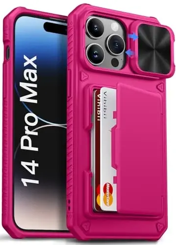 Vihibii for iPhone 14 Pro Max Case with Card Holder (4 Cards), [RFID Blocking] & Slide Camera Cover & Raised Edges Protect Screen, Military Grade Drop Protection, Rugged Wallet Case, 6.7