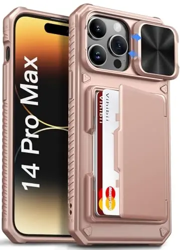 Vihibii for iPhone 14 Pro Max Case with Card Holder (4 Cards), Rose Gold | RFID Blocking, Slide Camera Lens Cover, Military-Grade Drop Protection, Rugged Back, Silicone Edge, All-in-one wallet case - 1