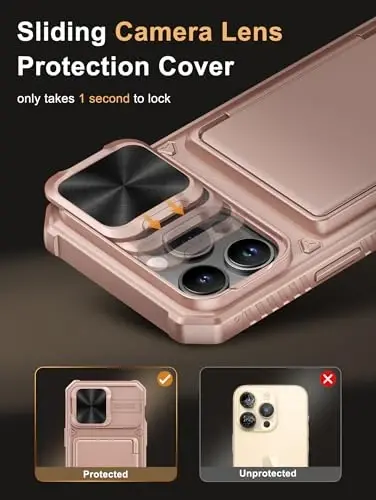 Vihibii for iPhone 14 Pro Max Case with Card Holder (4 Cards), Rose Gold | RFID Blocking, Slide Camera Lens Cover, Military-Grade Drop Protection, Rugged Back, Silicone Edge, All-in-one wallet case - 4