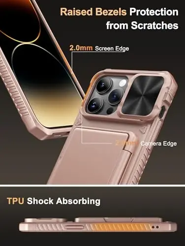Vihibii for iPhone 14 Pro Max Case with Card Holder (4 Cards), Rose Gold | RFID Blocking, Slide Camera Lens Cover, Military-Grade Drop Protection, Rugged Back, Silicone Edge, All-in-one wallet case - 6