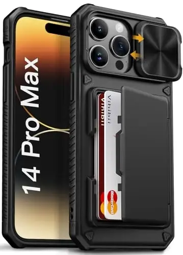 Vihibii for iPhone 14 Pro Max Case with Card Holder (4 Cards) [RFID Blocking] & Slide Camera Cover, Military Grade Drop Protection, Rugged Hard Back & Silicone Edge Wallet Case, 6.7