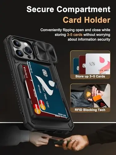 Vihibii for iPhone 14 Pro Max Case with Card Holder (4 Cards) [RFID Blocking] & Slide Camera Cover, Military Grade Drop Protection, Rugged Hard Back & Silicone Edge Wallet Case, 6.7