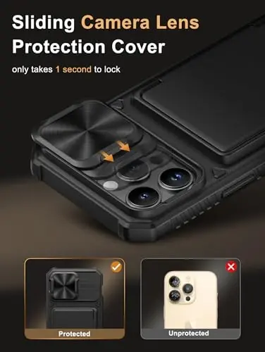 Vihibii for iPhone 14 Pro Max Case with Card Holder (4 Cards) [RFID Blocking] & Slide Camera Cover, Military Grade Drop Protection, Rugged Hard Back & Silicone Edge Wallet Case, 6.7