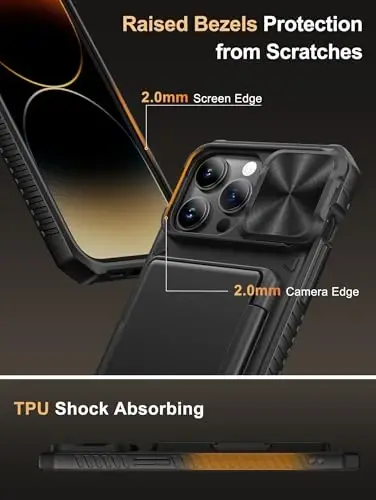 Vihibii for iPhone 14 Pro Max Case with Card Holder (4 Cards) [RFID Blocking] & Slide Camera Cover, Military Grade Drop Protection, Rugged Hard Back & Silicone Edge Wallet Case, 6.7