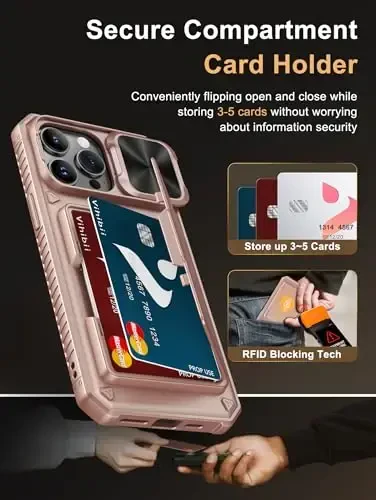 Vihibii iPhone 14 Pro Max uchun Card Holderli Chexol (4 ta Kartochka), [RFID Blocking] & Sürgülü Linza Kamera Qopqog'i, Harbiy Standartdagi Tushishdan Himoya, Qattiq Og'ir Hamyon Telefon Chexoli, 6.7
