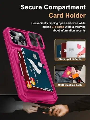 Vihibii iPhone 14 Pro Max uchun Card Holderli g'ilof (4 ta karta), [RFID Blocking] & Slide Camera Cover & Ko'tarilgan qirralar Ekranini himoya qiladi, Harbiy darajadagi tushishdan himoya, Rugged Wallet Case, 6.7