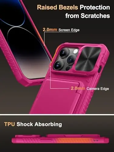 Vihibii iPhone 14 Pro Max uchun Card Holderli g'ilof (4 ta karta), [RFID Blocking] & Slide Camera Cover & Ko'tarilgan qirralar Ekranini himoya qiladi, Harbiy darajadagi tushishdan himoya, Rugged Wallet Case, 6.7