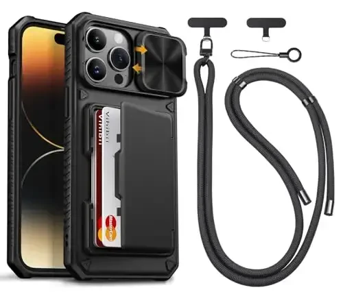 Vihibii iPhone 14 Pro Max uchun Crossbody Lanyard Strap bilan, O'rnatilgan Kartalar uchun joy (4 ta karta) [RFID Blocking] va Sirg'anuvchi Kamera Qopqog'i, Harbiy Standartdagi Tushishdan Himoya, Qattiq Orqa va Yumshoq Qirrali G'ilof, Qora - VIHIBII