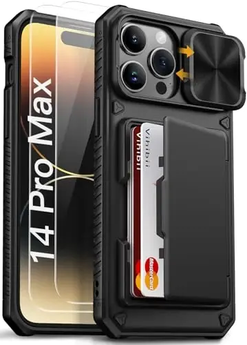 Vihibii iPhone 14 Pro Max uchun g'ilof [2X ekran himoyachisi], o'rnatilgan karta ushlagichi (4 ta karta), [RFID blokirovka] & Slayd kamera qopqog'i & закаленное shisha plyonkalar, 14 Pro Max 5g uchun mustahkam hamyon g'ilofi, qora - 1