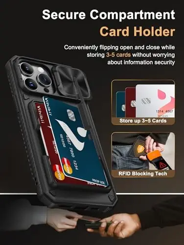 Vihibii iPhone 14 Pro Max uchun g'ilof [2X ekran himoyachisi], o'rnatilgan karta ushlagichi (4 ta karta), [RFID blokirovka] & Slayd kamera qopqog'i & закаленное shisha plyonkalar, 14 Pro Max 5g uchun mustahkam hamyon g'ilofi, qora - 5