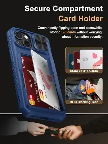 Vihibii iPhone 15, iPhone 14 va iPhone 13 uchun karta hamyonli g‘ilof (4 ta karta), [RFID blokirovka] & Sürgülü linzali kamera qopqog‘i & Ko‘tarilgan qirralar ekranini himoya qiladi, zarbga chidamli hamyon telefon g‘ilofi, ko‘k - 3