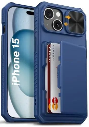 Vihibii iPhone 15, iPhone 14 va iPhone 13 uchun karta hamyonli g‘ilof (4 ta karta), [RFID blokirovka] & Sürgülü linzali kamera qopqog‘i & Ko‘tarilgan qirralar ekranini himoya qiladi, zarbga chidamli hamyon telefon g‘ilofi, ko‘k - VIHIBII