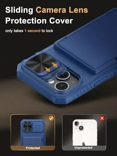 Vihibii iPhone 15, iPhone 14 va iPhone 13 uchun karta hamyonli g‘ilof (4 ta karta), [RFID blokirovka] & Sürgülü linzali kamera qopqog‘i & Ko‘tarilgan qirralar ekranini himoya qiladi, zarbga chidamli hamyon telefon g‘ilofi, ko‘k - 4