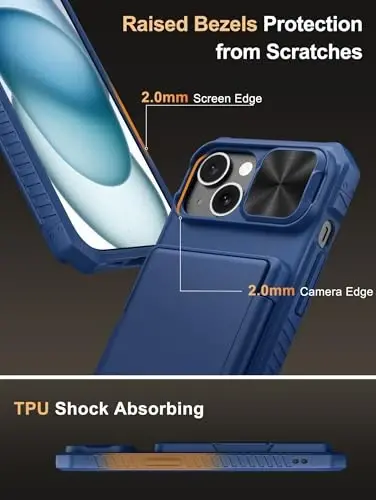Vihibii iPhone 15, iPhone 14 va iPhone 13 uchun karta hamyonli g‘ilof (4 ta karta), [RFID blokirovka] & Sürgülü linzali kamera qopqog‘i & Ko‘tarilgan qirralar ekranini himoya qiladi, zarbga chidamli hamyon telefon g‘ilofi, ko‘k - 6