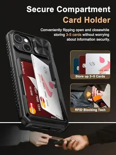 Vihibii iPhone 15, iPhone 14 va iPhone 13 uchun karta ushlagichli (4 ta karta) [RFID blokirovka] va siljituvchi kamera qopqog'i, harbiy darajadagi tushishdan himoya, mustahkam qattiq orqa va TPU silikon telefon qutisi, qora - 3