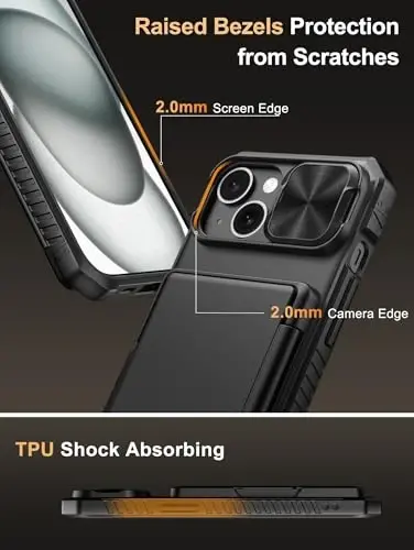 Vihibii iPhone 15, iPhone 14 va iPhone 13 uchun karta ushlagichli (4 ta karta) [RFID blokirovka] va siljituvchi kamera qopqog'i, harbiy darajadagi tushishdan himoya, mustahkam qattiq orqa va TPU silikon telefon qutisi, qora - 6