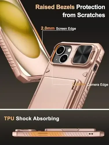 Vihibii iPhone 15 Plus/iPhone 14 Plus uchun Card Holderli Chexol (4 ta Kartochka), [RFID Blocking] & Slide Lens Kamera Qopqog'i, Harbiy Standartdagi Tushishdan Himoya, Qo'pol Og'ir Hamyon Telefon Chexoli, Pushti Tilla - 6