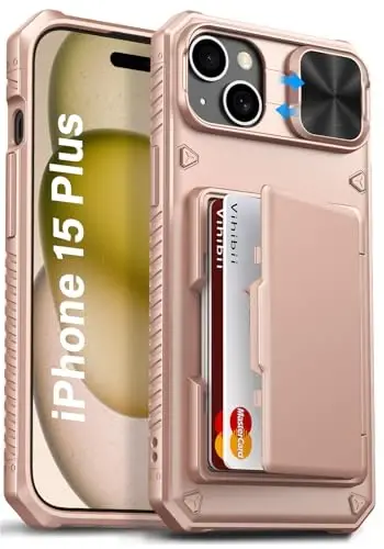 Vihibii iPhone 15 Plus/iPhone 14 Plus uchun Card Holderli Chexol (4 ta Kartochka), [RFID Blocking] & Slide Lens Kamera Qopqog'i, Harbiy Standartdagi Tushishdan Himoya, Qo'pol Og'ir Hamyon Telefon Chexoli, Pushti Tilla - 1