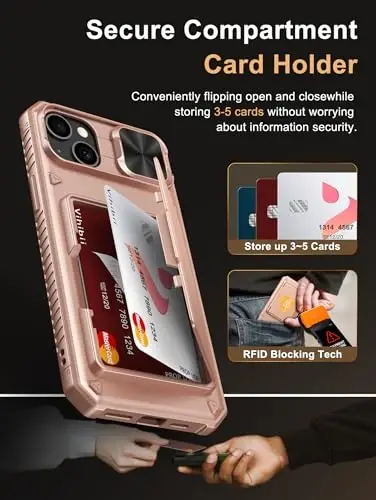 Vihibii iPhone 15 Plus/iPhone 14 Plus uchun Card Holderli Chexol (4 ta Kartochka), [RFID Blocking] & Slide Lens Kamera Qopqog'i, Harbiy Standartdagi Tushishdan Himoya, Qo'pol Og'ir Hamyon Telefon Chexoli, Pushti Tilla - 3