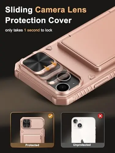 Vihibii iPhone 15 Plus/iPhone 14 Plus uchun Card Holderli Chexol (4 ta Kartochka), [RFID Blocking] & Slide Lens Kamera Qopqog'i, Harbiy Standartdagi Tushishdan Himoya, Qo'pol Og'ir Hamyon Telefon Chexoli, Pushti Tilla - 4