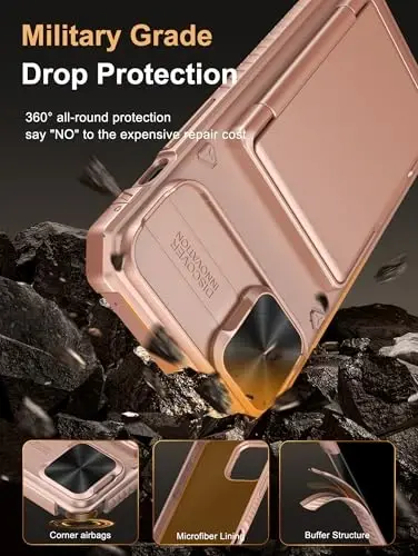 Vihibii iPhone 15 Plus/iPhone 14 Plus uchun Card Holderli Chexol (4 ta Kartochka), [RFID Blocking] & Slide Lens Kamera Qopqog'i, Harbiy Standartdagi Tushishdan Himoya, Qo'pol Og'ir Hamyon Telefon Chexoli, Pushti Tilla - 5