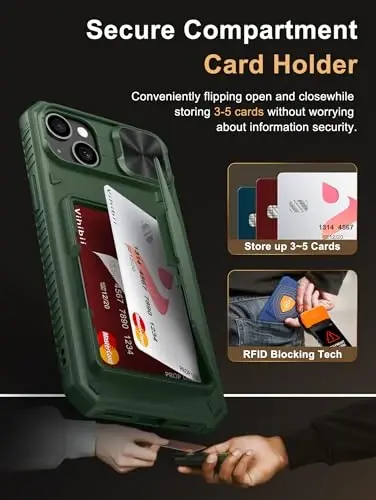 Vihibii iPhone 15 Plus/iPhone 14 Plus uchun hamyon g‘ilofi, o‘rnatilgan karta ushlagichi (4 ta karta), [RFID blokirovka] va sirg‘ali kamera qopqog‘i, harbiy darajadagi tushishdan himoya, TPU yumshoq qirrali hamyon telefon g‘ilofi, yashil - 3