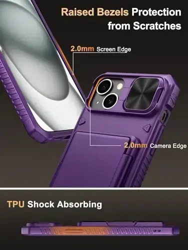 Vihibii iPhone 15 Plus/iPhone 14 Plus uchun hamyonli gʻilof, oʻrnatilgan karta ushlagichi (4 ta karta), [RFID blokirovka] & Sirgʻanuvchi kamera qopqogʻi, harbiy darajadagi tushishdan himoya, mustahkam qattiq hamyonli telefon gʻilofi, toʻq binafsha - 6