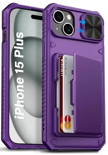 Vihibii iPhone 15 Plus/iPhone 14 Plus uchun hamyonli gʻilof, oʻrnatilgan karta ushlagichi (4 ta karta), [RFID blokirovka] & Sirgʻanuvchi kamera qopqogʻi, harbiy darajadagi tushishdan himoya, mustahkam qattiq hamyonli telefon gʻilofi, toʻq binafsha 