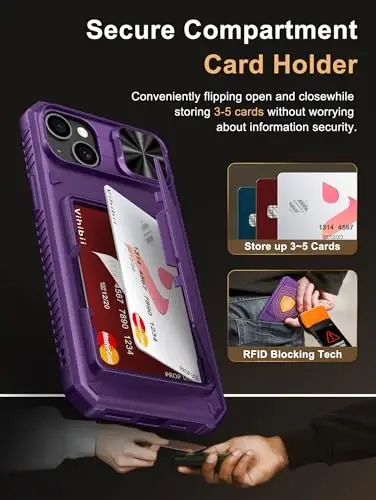 Vihibii iPhone 15 Plus/iPhone 14 Plus uchun hamyonli gʻilof, oʻrnatilgan karta ushlagichi (4 ta karta), [RFID blokirovka] & Sirgʻanuvchi kamera qopqogʻi, harbiy darajadagi tushishdan himoya, mustahkam qattiq hamyonli telefon gʻilofi, toʻq binafsha - 3