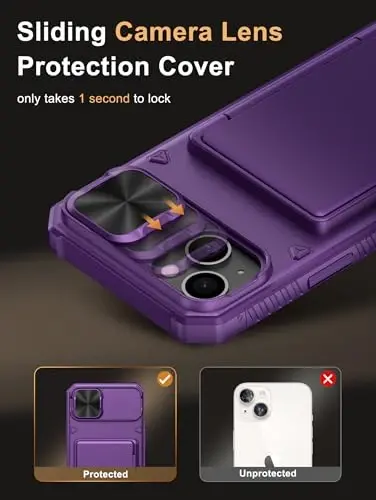 Vihibii iPhone 15 Plus/iPhone 14 Plus uchun hamyonli gʻilof, oʻrnatilgan karta ushlagichi (4 ta karta), [RFID blokirovka] & Sirgʻanuvchi kamera qopqogʻi, harbiy darajadagi tushishdan himoya, mustahkam qattiq hamyonli telefon gʻilofi, toʻq binafsha - 4