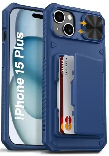 Vihibii iPhone 15 Plus/iPhone 14 Plus uchun karta ushlagichli hamyon g'ilofi (4 ta karta), [RFID blokirovka] va slayd linzali kamera qopqog'i va ko'tarilgan qirralar ekranini himoya qiladi, zarbaga chidamli mustahkam hamyon telefon g'ilofi, ko'k 