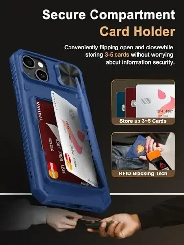 Vihibii iPhone 15 Plus/iPhone 14 Plus uchun karta ushlagichli hamyon g'ilofi (4 ta karta), [RFID blokirovka] va slayd linzali kamera qopqog'i va ko'tarilgan qirralar ekranini himoya qiladi, zarbaga chidamli mustahkam hamyon telefon g'ilofi, ko'k - 3